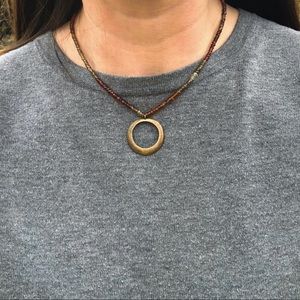 1990s Vintage Artisan Glass Bead Copper Circle Necklace | 90s Beaded Chocker